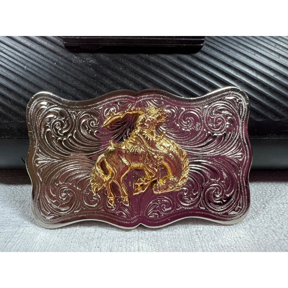Vintage 90s Western Belt Buckle Small Rodeo Bronc Rider Gold Silver Tone